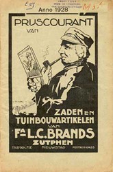 <p>Prijscourant uit 1928 van zaadhandel L.C. Brands, gevestigd aan de Nieuwstad 33. Testafdrukken van de handelsstempels van de firma Brands zijn nog altijd op het kaphout terug te vinden. [http://www.meemelink.com]</p>
